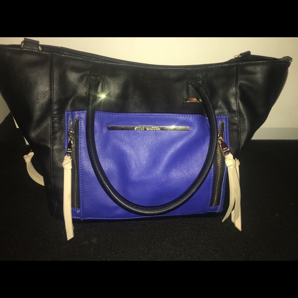 Steve Madden Black Cobalt Blue Leather Tote Bag